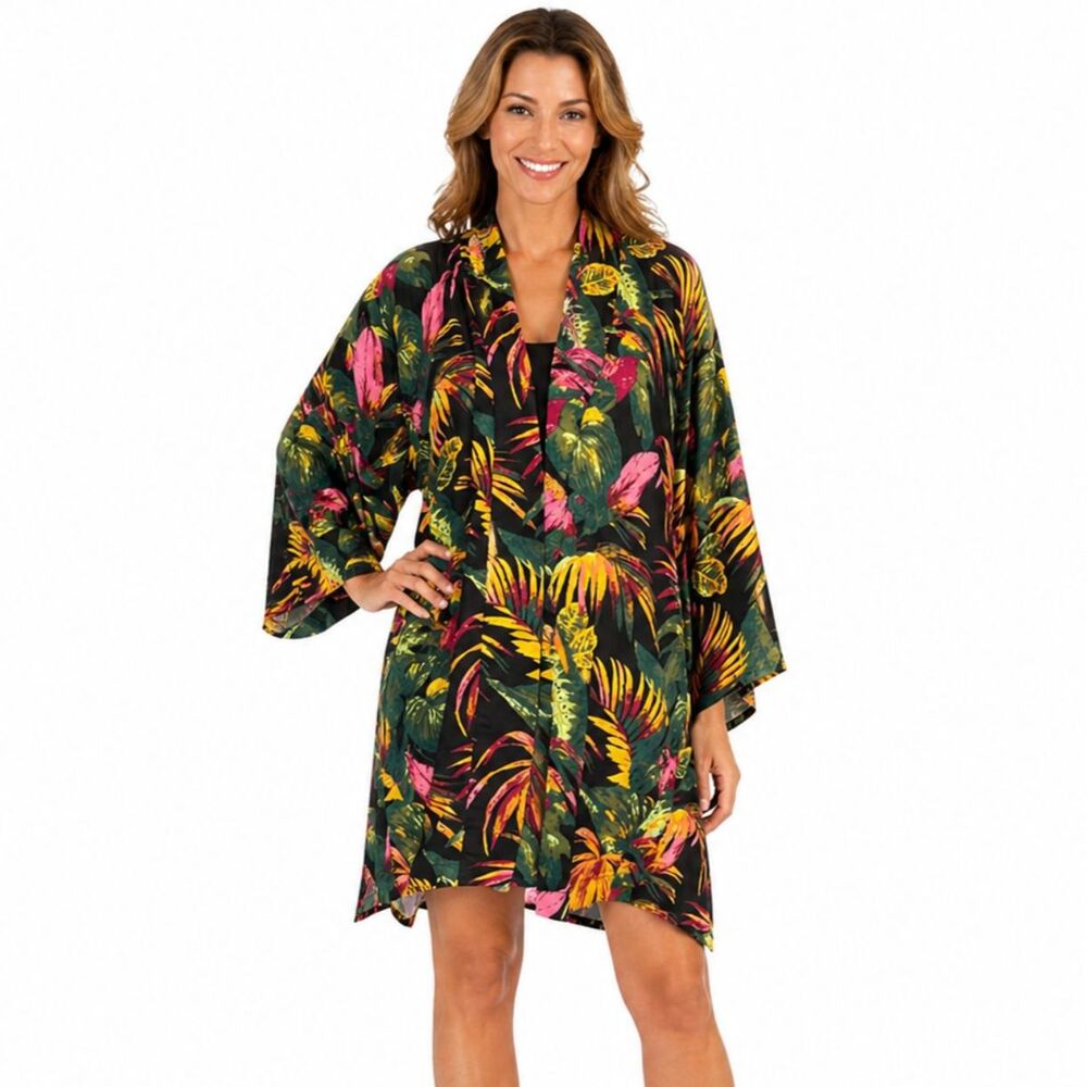 World Market Multicolor Tropical Print BOHO Kimono Top Beach Cover Up O/S